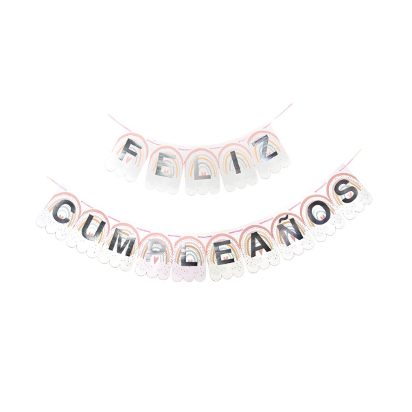 Producto - Banderin FELIZ CUMPLEAÑOS tematica rosa con corona con stamping plateado