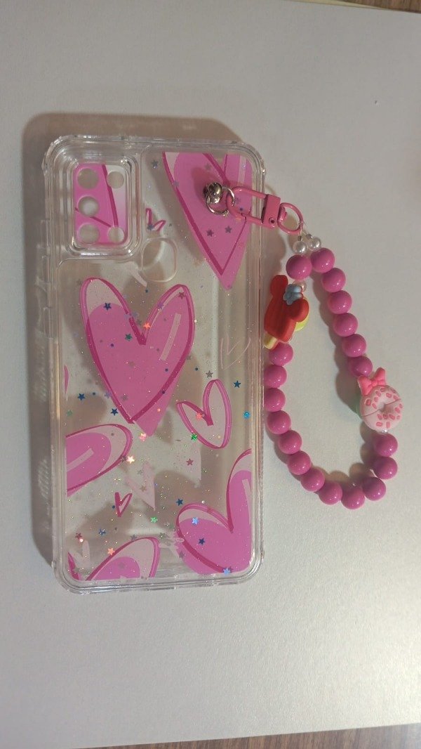 Producto - Funda Transparente Diseño Con Glitter y Cadena Corazon para Samsung A21s