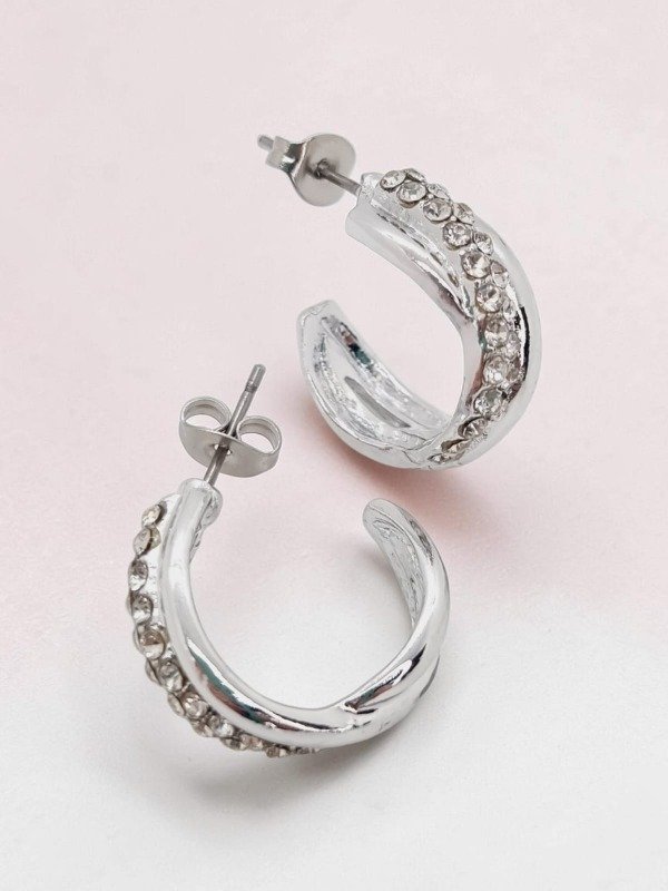 Producto - Aros acero blanco pasante semi argollita infl ccb linea strass cruzada
