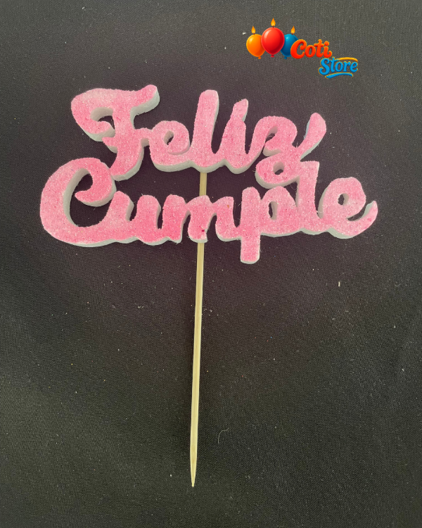 Producto - Topper de Telgopor FELIZ CUMPLEAÑOS con glitter Rosa Bebé