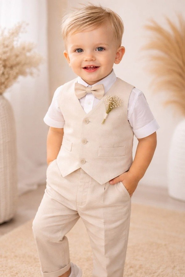 Producto - Traje de bebe chaleco y pantalon de gabardina color beige