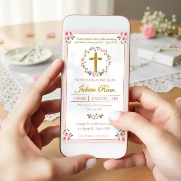 Producto - Invitación Digital Personalizada Comunión Cruz Y Flores - 0