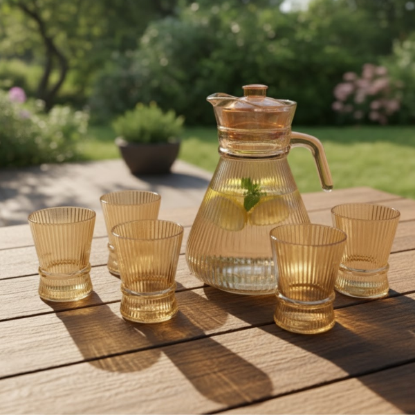 Producto - JARRA DE VIDRIO X6 VASOS DORADA