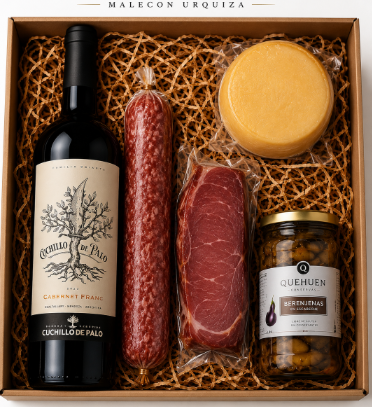 Producto - Caja de Regalo Vino Cuchillo de Palo 750 ml + Picada Completa Gourmet - 0