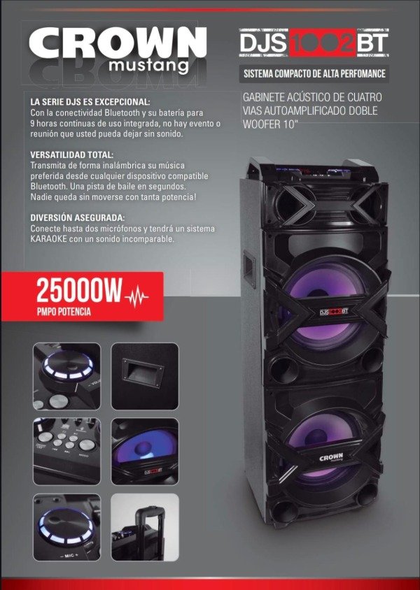 Producto - PARLANTE TORRE CROWN MUSTANG DJS1002BT DOBLE WOOFER 2X10" 25.000 PMPO