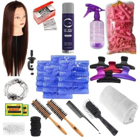 Producto - Kit de herramientas para peinado y peluquería + cabeza 90  natural