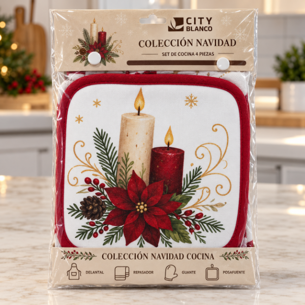 Producto - SET DE COCINA NAVIDEÑO 4 PIEZAS DELANTAL PAÑO GUANTE POSAFUENTE - 4