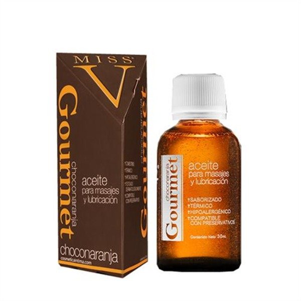 Producto - Aceite lubricante y para masajes comestible. Miss V. Sabor Chocolate y Naranja