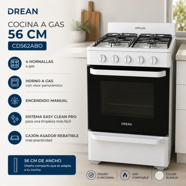 Producto - COCINA A GAS DREAN 56 CM BLANCA