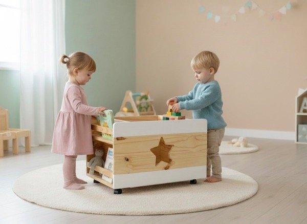 Producto - Baul Juguetero con Bibliotecas laterales (opcion de Calado conejo o estrella)