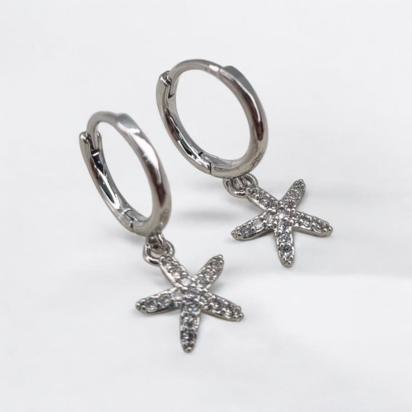 Producto - Aros acero quirurgico argollita fina colgante estrella de mar strass plat