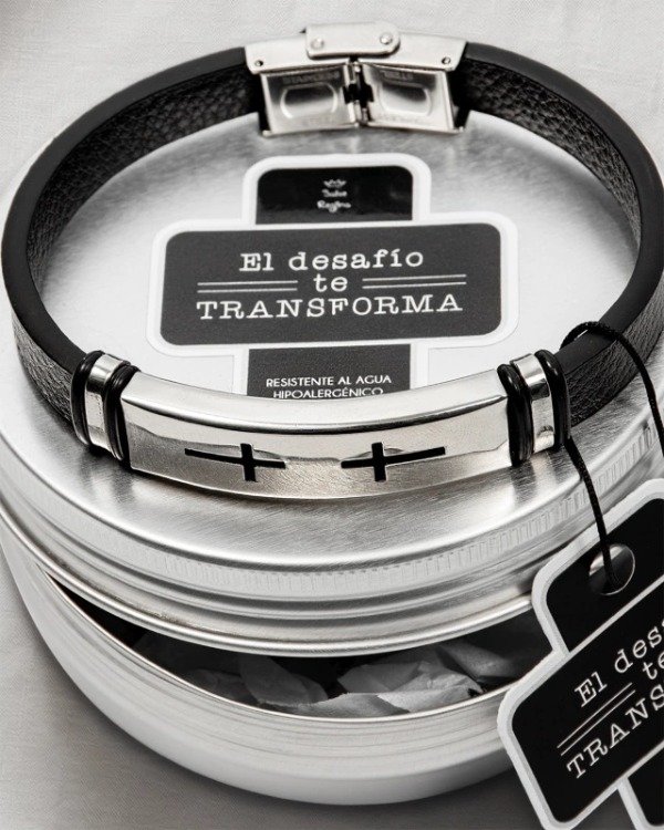 Producto - Pulsera Acero Jairo Masculina Ecocuero Cruz Salve Regina