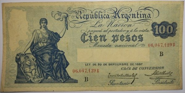 Producto - Billete argentina caja de conversión 100pesos año 1930 B1689 Col390f p#247b XF- - 0