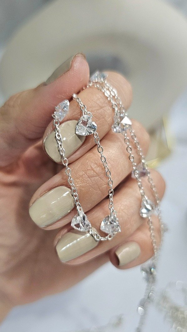 Producto - Cadena espejo con cubic corazones. 43cm Plata