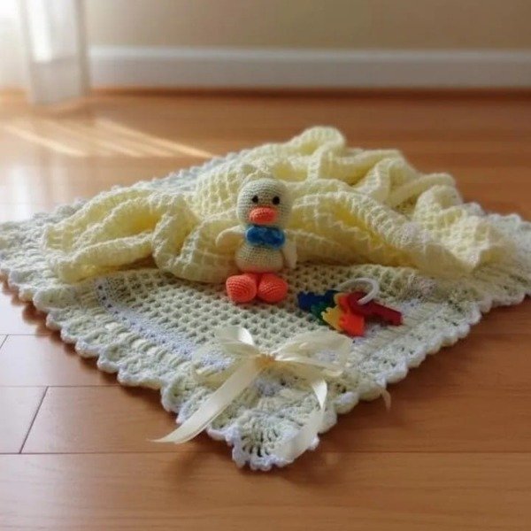 Producto - Mantilla waffle amarilla tejida cashmilon hipoalergénico