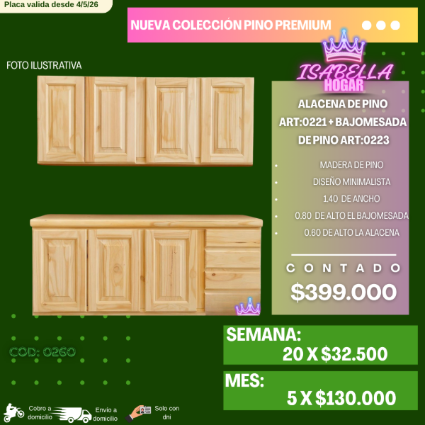 Producto - ALACENA + BAJO MESADA 1.40 PINO COD:0260