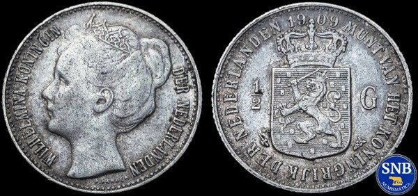 Producto - Reino de los Países Bajos - 1/2 Gulden (1909) Plata KM #121 - Monarquía Liberal