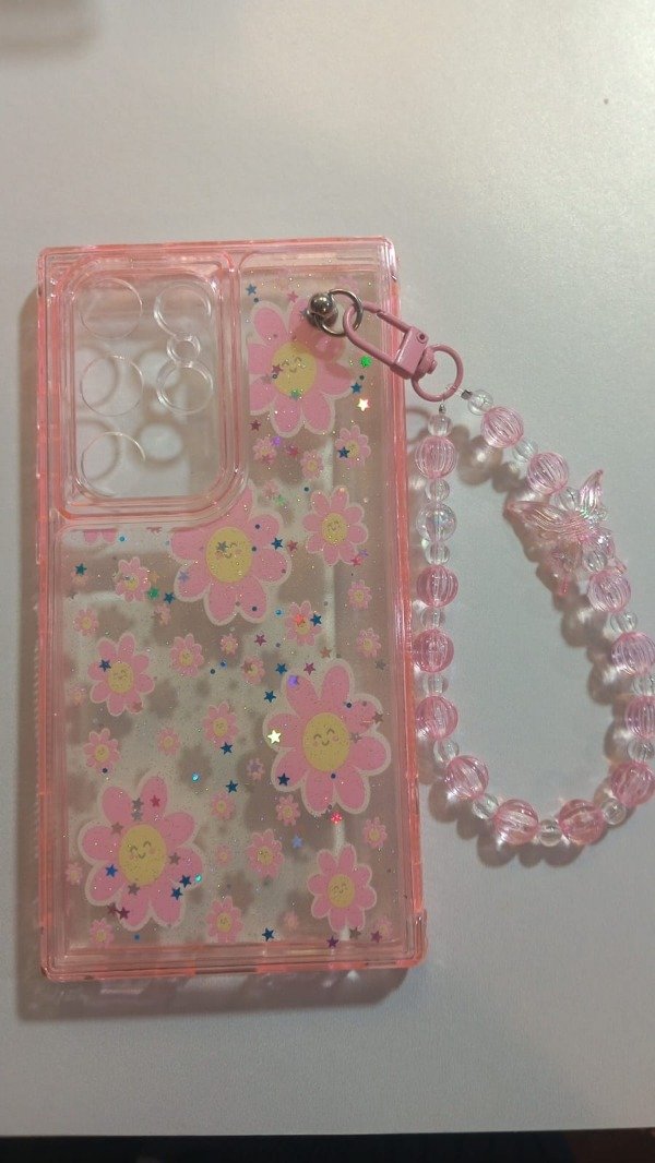 Producto - Funda Transparente Diseño Con Glitter y Cadena Flores para Samsung S24 Ultra