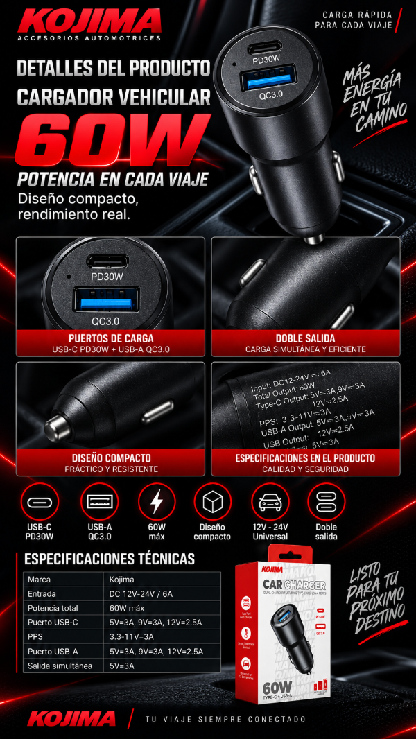 Producto - Cargador Universal Para Auto Kojima Tipo-C + USB-A 60W - 1