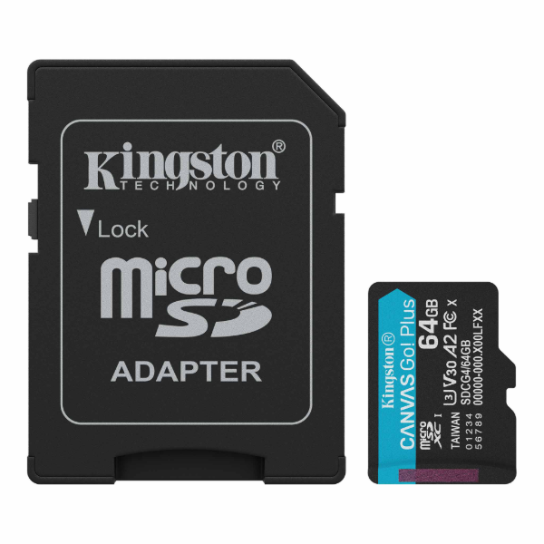 Producto - Memoria microSDXC 64gb -UHS-I, U3, V30, A2 -adaptador a SD -Kingston Canvas GO