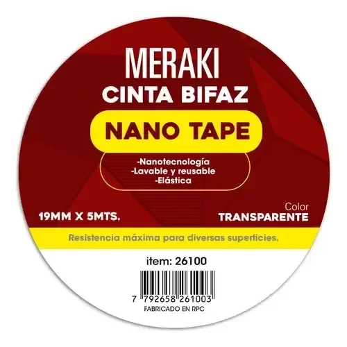 Producto - Cinta Bifaz Nano Tape 5m X 19mm Alta Adherencia Meraki Color Transparente