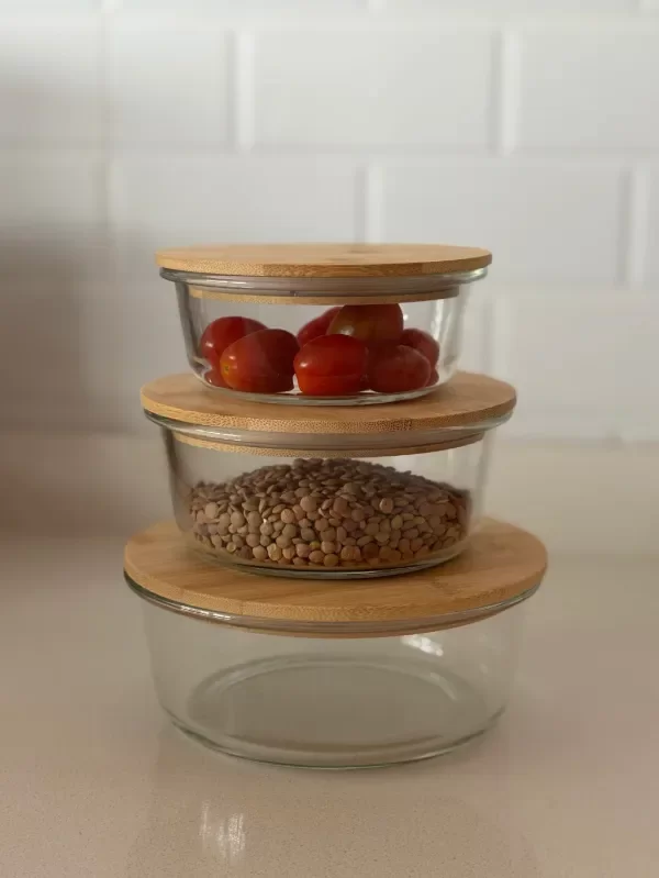 Producto - CONTENEDOR TIPO TUPPER REDONDO DE VIDRIO Y TAPA BAMBU