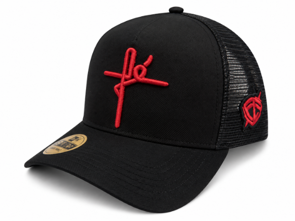 Producto - Gorra con trucker logotipo "FE" negro logo rojo