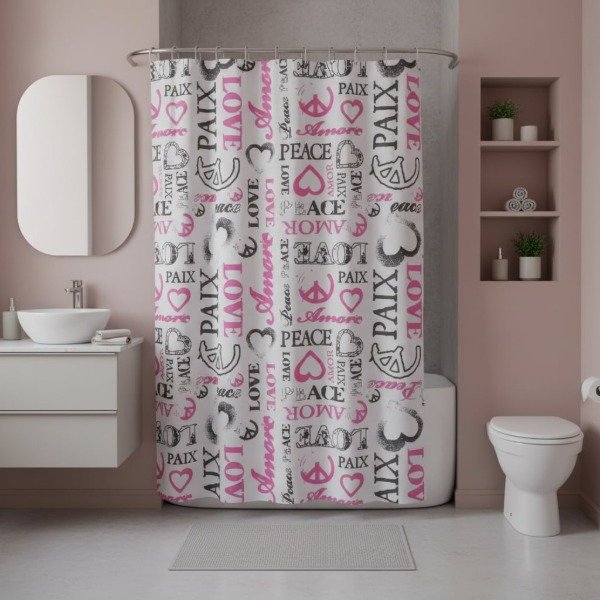 Producto - CORTINA PARA BAÑO DOBLE LÍNEA BASIC  "LOVE/PEACE ROSA"