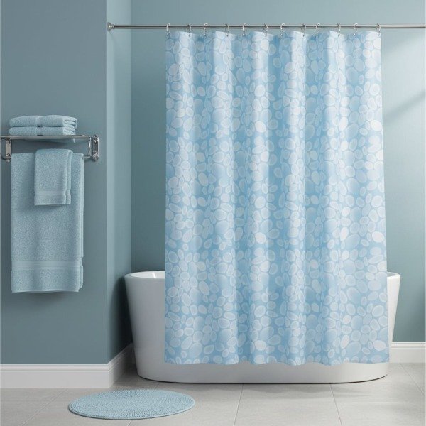 Producto - CORTINA PARA BAÑO, DOBLE LÍNEA ENCAJE "CELESTE PIEDRAS BLANCAS"