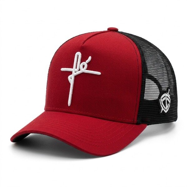Producto - Gorra con trucker logotipo "FE" rojo malla negra logo blanco
