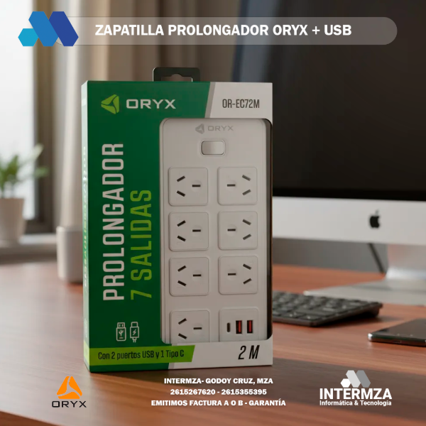 Producto - Zapatilla prolongador oryx + 2 usb tipo a + 1 usb tipo c