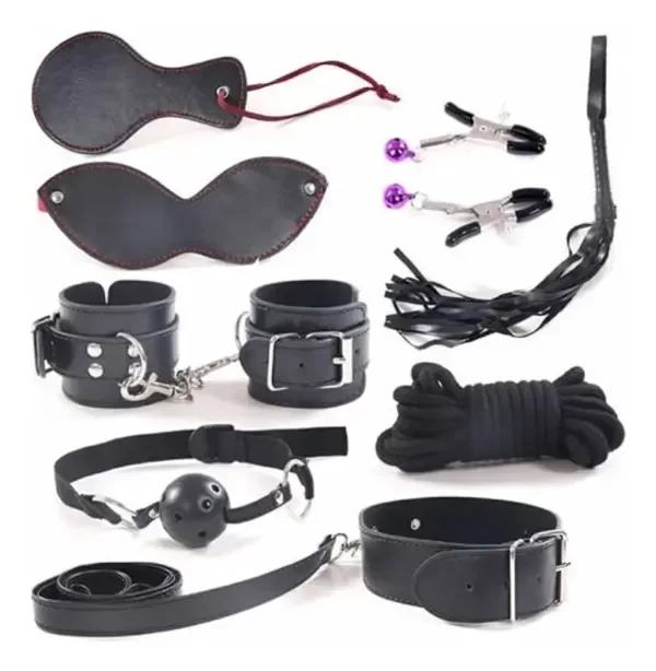 Producto - KIT BONDAGE NEGRO 8 PIEZAS LÁTIGO ANTIFAZ MORDAZA ESPOSAS BDSM - 0