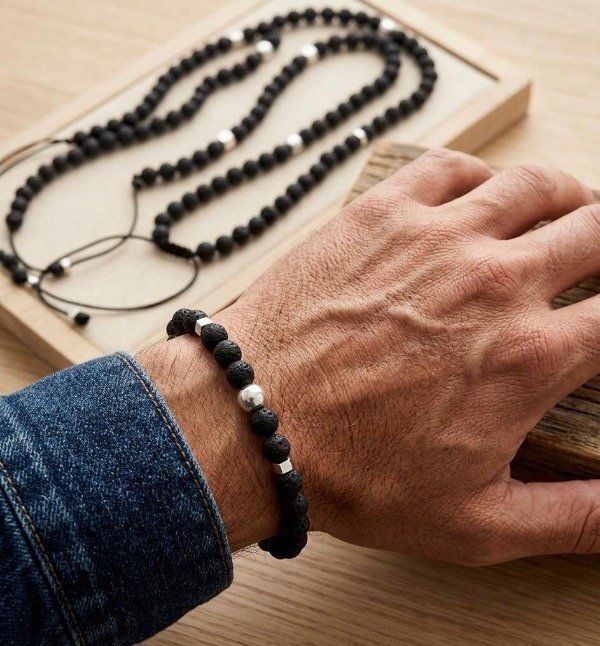 Producto - Pulse de Hombre piedras volcánicas + cubos y bola Plata 925 de hilo black