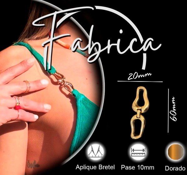 Producto - Herraje Aplique Bretel largo. Pase: 10mm (1 unidad). Dorado
