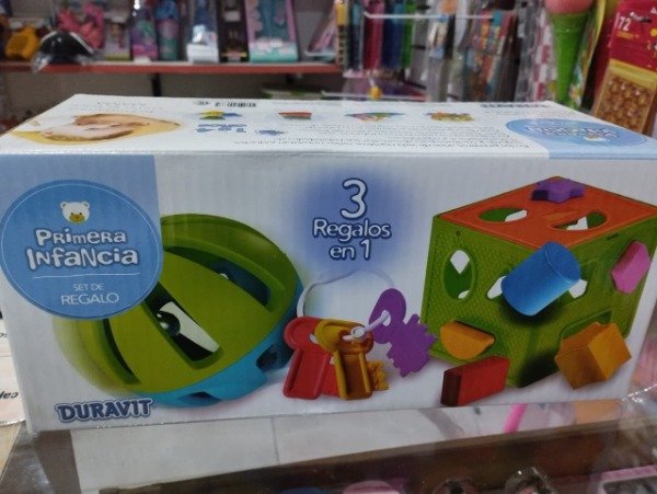 Producto - 3 en 1 set primera infancia (sonajero + llaves + cubo encastre)