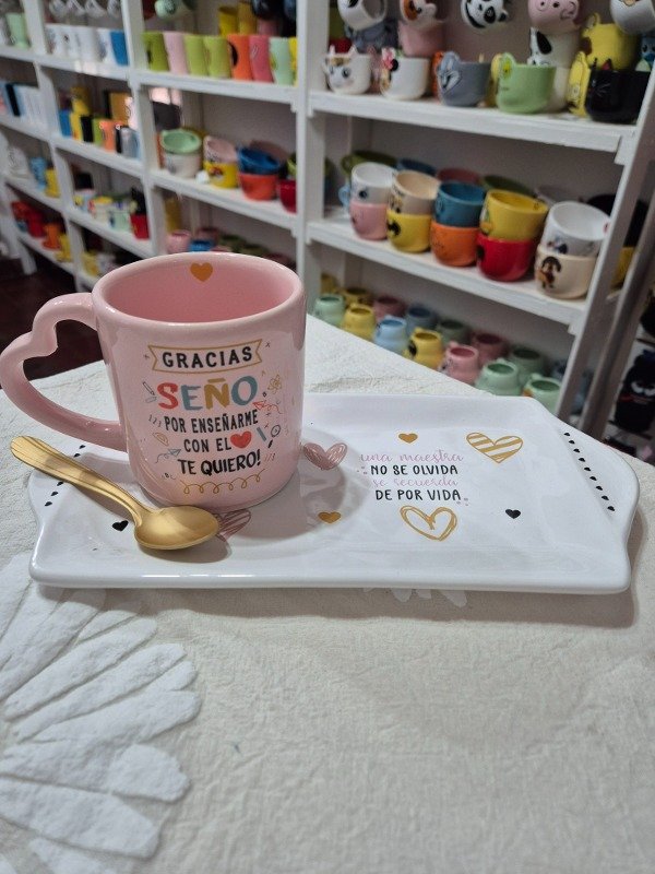 Producto - Conjunto para seño c/ taza rosa asa corazón