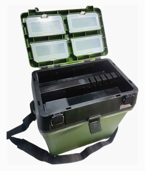 Producto - Caja de pesca 3 en 1, Organizadora grande, asiento, correa. Color verde musgo