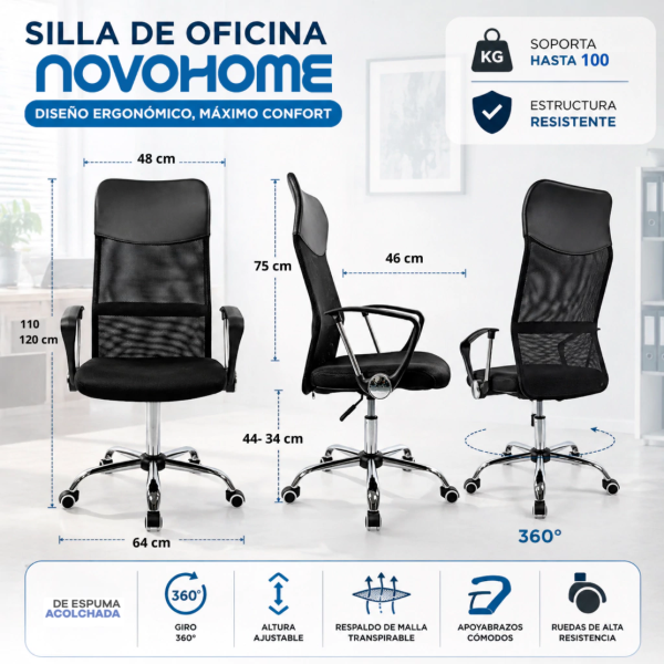 Producto - Silla oficina -apoyabrazos plásticos regulables -5 ruedas -respaldo alto - 2