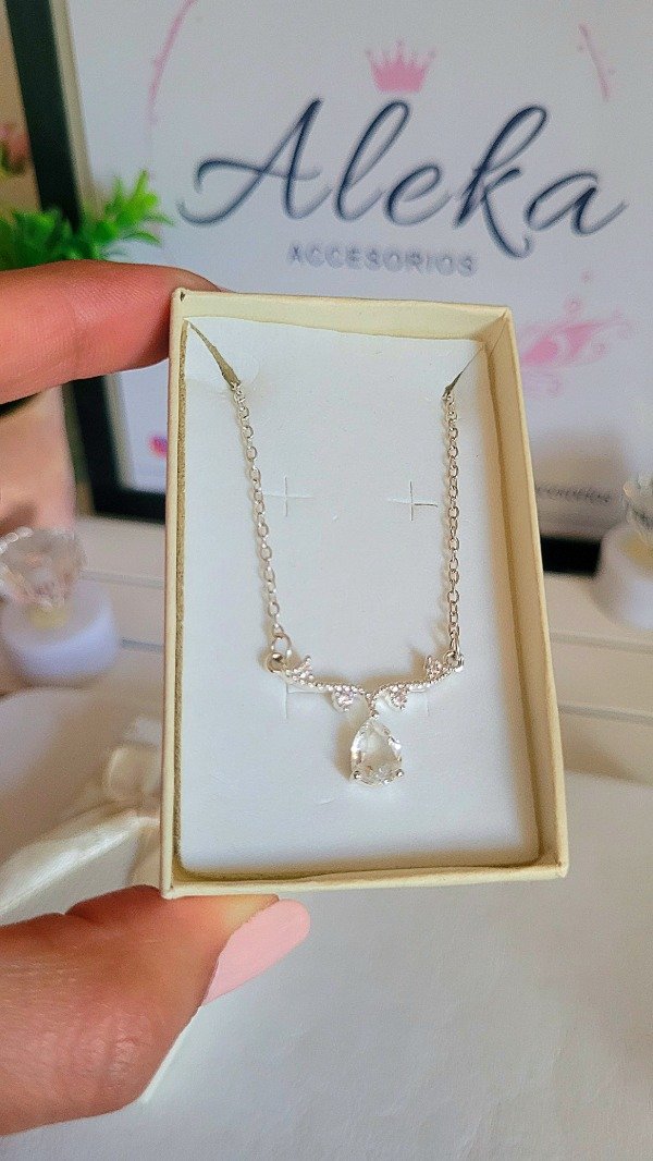 Producto - Collar gota cristal y micropave de acero blanco - 1