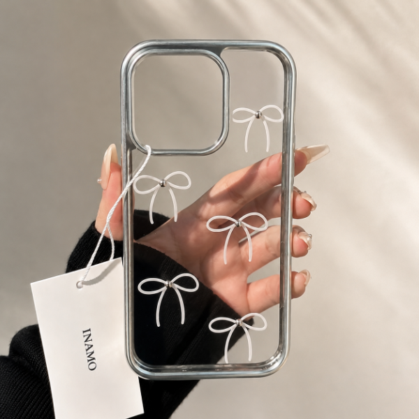 Producto - Case metalizada mate silver moños perlitas iPhone - 0
