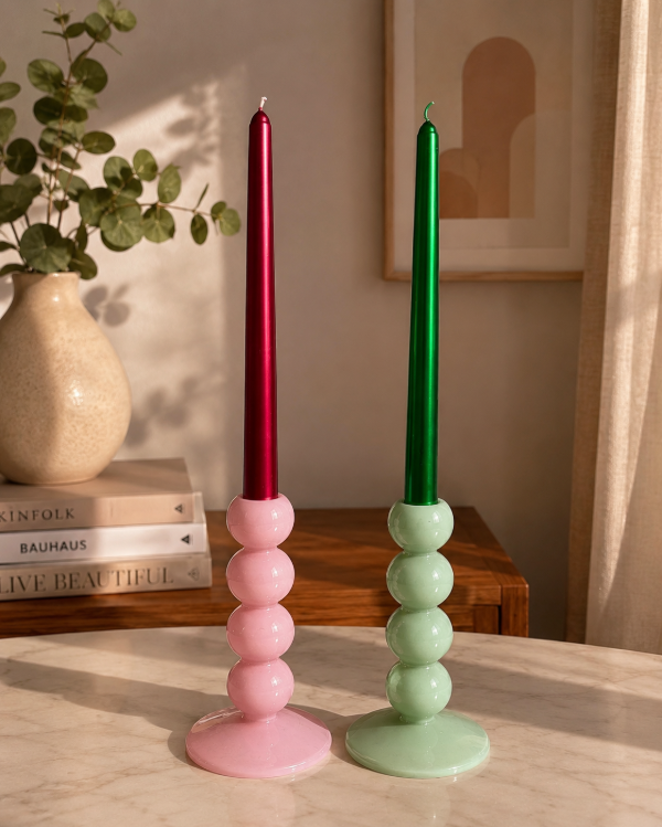 Producto - Candelabro vidrio burbujas + vela cónica