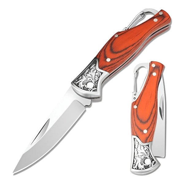 Producto - Navaja Plegable con Mango Madera con y sin Mosqueton Metal Tallado