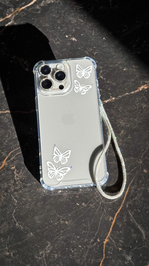 Producto - Case mariposas blancas + colgante strass plata