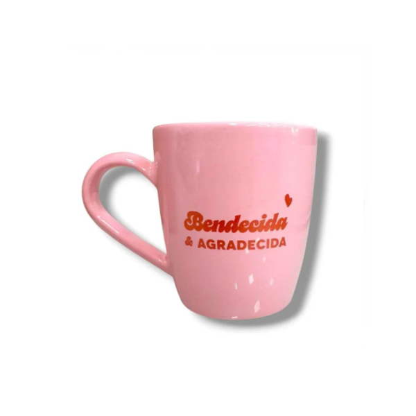 Producto - TAZA CONICA DE CERAMICA ROSA BENDECIDA Y AGRADECIDA