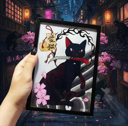 Producto - CUADRITO DE PARED - GATITO SAMURAI - CHIMOKATATTOO