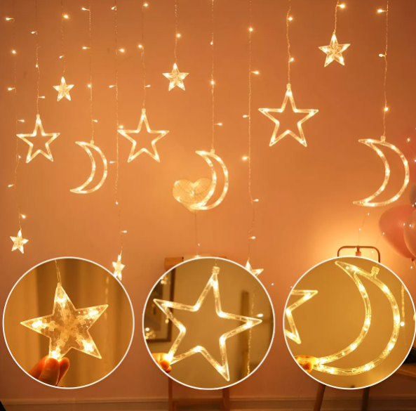 Producto - Cortina De Luces Led Navideñas Estrellas y lunas 3M