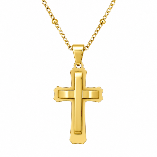Producto - PROMO Dije dorado cruz con relieve y cadena dorada de acero quirurjico