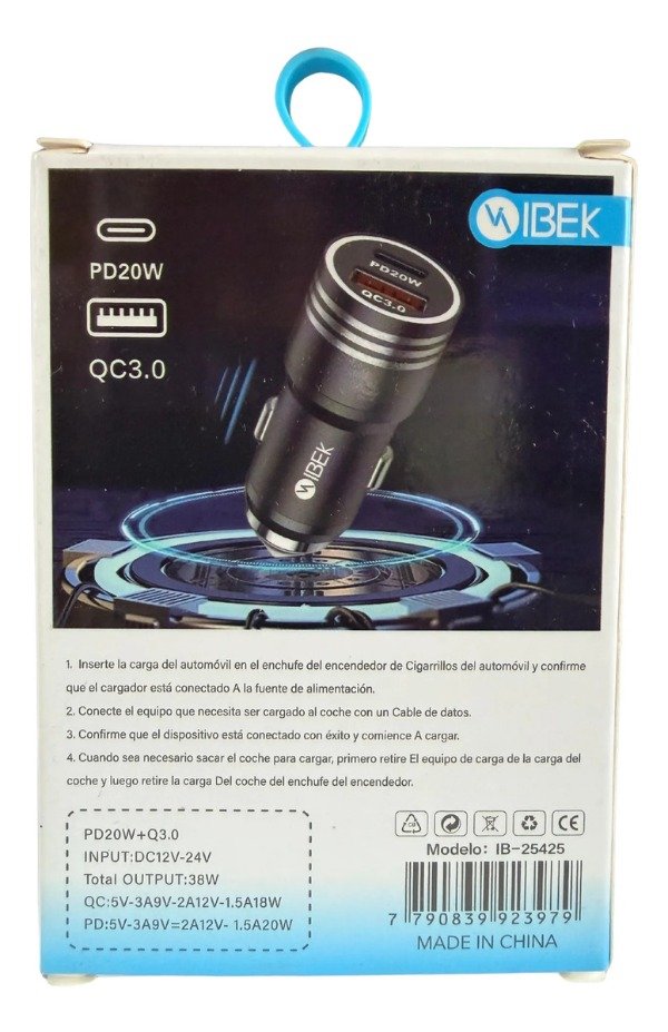 Producto - Cargador para Auto 20W con USB + Tipo c Ibek IB 25425 Negro - 2
