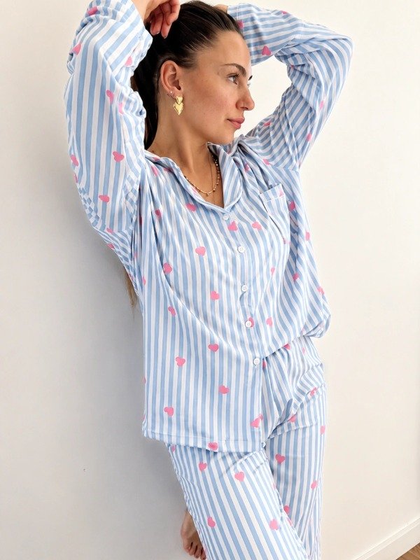 Producto - Pijama Camisero Rayado Celeste