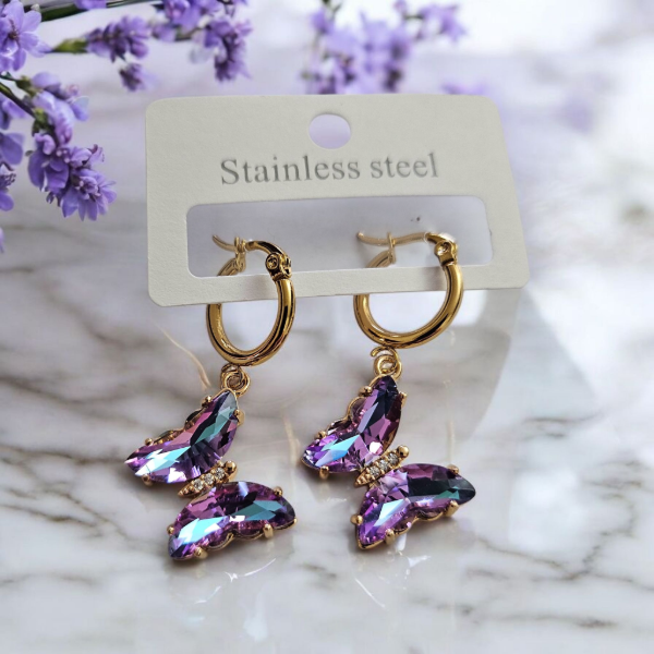 Producto - Aros dorados mariposa lila tornasol